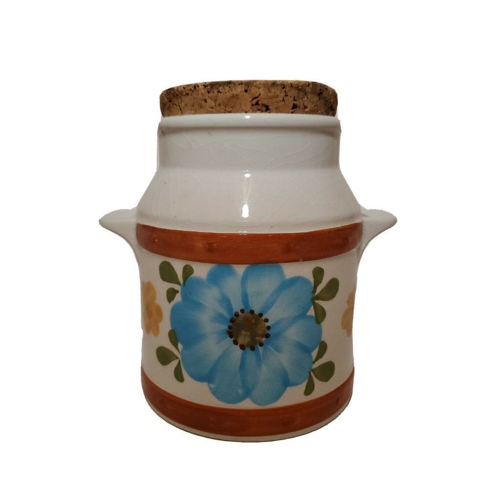 Vintage 6" CERAMIC HAND-PAINTED FLORAL CANISTER Kitchen Measurements 1979 Cork